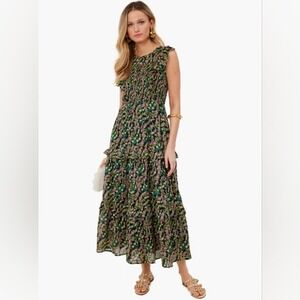 Banjanan Maxi Dress Floral Smocked Bodice Modest size Medium Tiered 100% Cotton